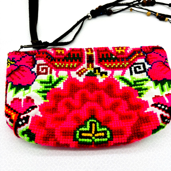 JadeTRIBE Boho Clutch Wristlet Pouch Makeup Bag Embroidered Neon Pink Green - Picture 1 of 4